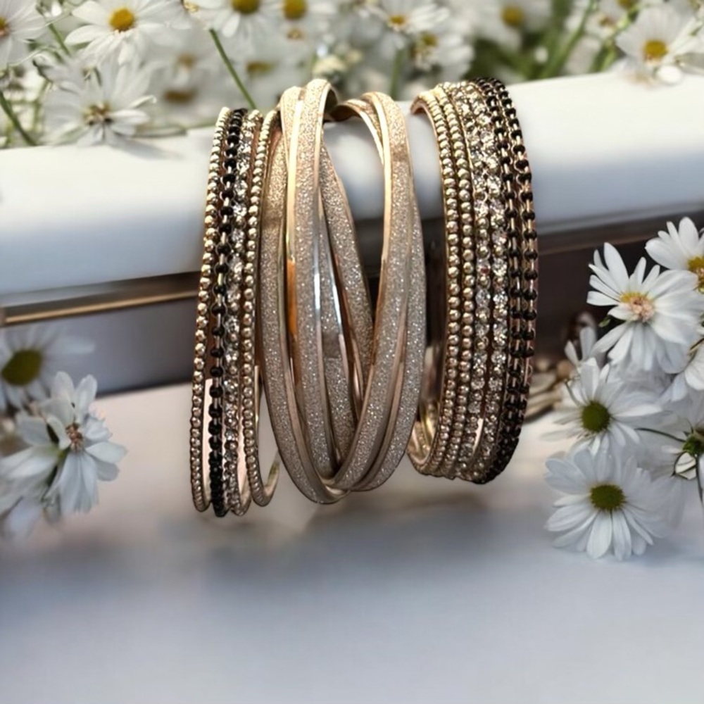 Gold & Rose Bangle Bracelet Set Mixed Metals Text… - image 1